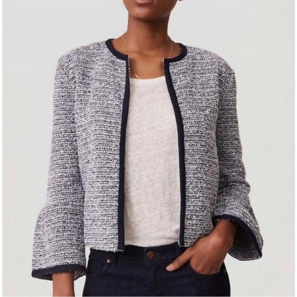 LOFT Blue Tweed Jacket Blazer Open Front 3/4 Bell Sleeve XS